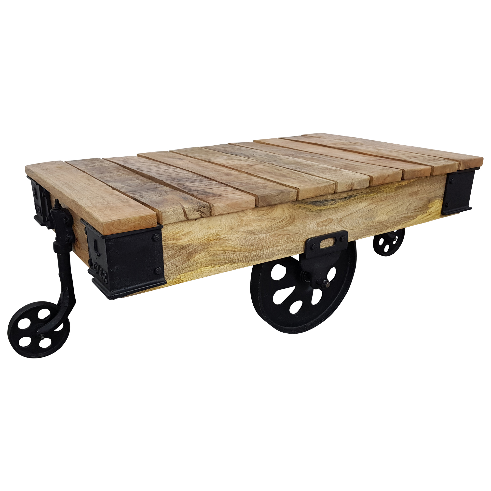 Couchtisch Lounge-Tisch Räder Massiv Mangoholz Metall Vintage Industrie Design